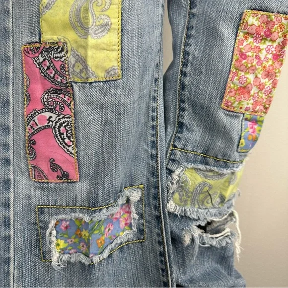 Vintage Levis 513 Floral Patchwork Bootcut Jeans Size 7M Distressed Denim Boho - Picture 4 of 15